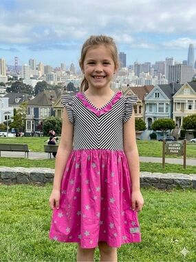 🎼Eleanor Rose Pink Star Print Stripe Bodice Dress size 6-7 GUC